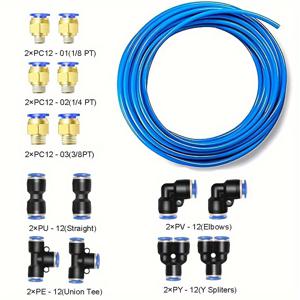 TEMU AGASHE 16개 공압 튜빙 폴리우레탄 블루 PU 에어 호스 키트, 10미터(32.8피트), 에어 파이핑 또는 유체 전송에 적합, 외경 4mm/6mm/8mm/10mm/12mm, 범용 나사산 퀵 릴리스 어댑터, 금속 및 PVC 푸시