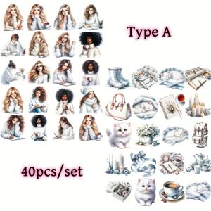 TEMU 흰 고양이가 커피를 마시고 책을 읽는 장면이 담긴 수제 크리에이티브 빈티지 화이트 스웨터 스티커 40개 세트. 다이어리 및 노트북 장식용 스티커로 프로젝트 및 잡지 장식에 적합합니다.