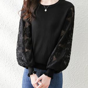 TEMU 새로운 봄/가을 여성 의류, 단색 라운드넥 우아한 패션 할로우 긴팔 상의, 간편한 스웨터