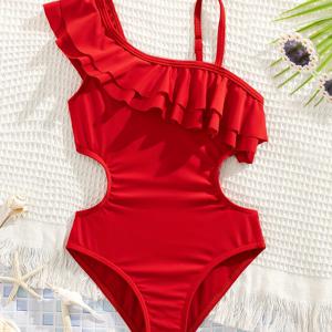 TEMU 패션 솔리드 컬러 여아용 러플 디테일 원숄더 원피스 수영복