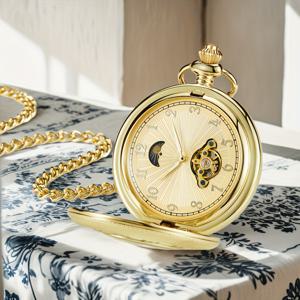 TEMU 빈티지 완전 자동 기계식 포켓 시계 (태양, 달 & 별 펜던트 포함) - 두꺼운 체인, 로마 숫자, 골드 톤 다이얼, 기계식 , 크리스마스, 새해, 생일 선물, 결혼 기념일 선물로 완벽, 크리스마스 선물로 최고, 회중시계, 손목시계, 기계식 시계, 주머니시계, 레트로 시계, 빈티지 시계, 포켓워치