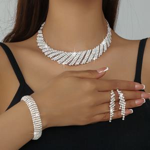 TEMU 중동풍 기하학적 비정형 럭셔리 라인스톤 목걸이, 팔찌, 귀걸이 3종 세트 신부 주얼리