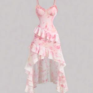 TEMU 여성용 빈티지 플로럴 러플 헴 파티 드레스 - 오프숄더 슬립 드레스, 비대칭 디테일, 핑크 플로럴 프린트, 성인용 여름 공식 드레스, 여름 파티 드레스 | 빈티지 플로럴 디자인 | 러플 헴 드레스, 귀여운 드레스
