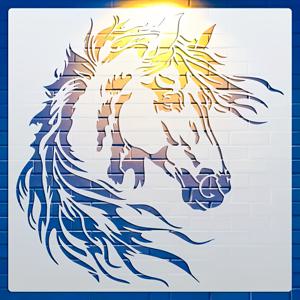 TEMU 말 모양 스텐실 1개 - 30.0 x 30.0cm 대형, 재사용 및 세탁 가능, 파란색과 금색 말 패턴이 있는 흰색 스텐실, DIY 공예, 스크랩북킹, 패브릭, 벽, 유리, 문, 창문에 적합 - 페인팅, 엠보싱, 다용도 표면 미술 프로젝트를 위한 정밀한 가장자리 디자인