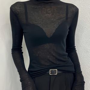 TEMU 플러스 사이즈 - 플러스 사이즈 - 여성용 플러스 사이즈 블랙 터틀넥 탑, 2025년 가을/겨울 신상 스타일, 시어 메쉬 경량 긴팔 티셔츠