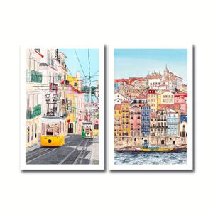 TEMU 2D 플랫, 2D 플랫, 포르투갈 도시 풍경을 그린 수채화 그림 2점 세트 (리스본 프린트 및 포르토 아트 프린트 포함), 유럽의 벽 장식, 현대적인 여행 아트, 집들이 선물로 완벽, 액자 없음