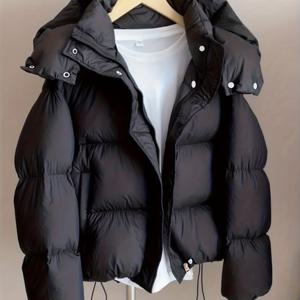 TEMU 여성용 패션 숏 루즈 블랙 패딩 코트 - 후드 자켓, 두꺼운 방풍 보온 겨울 아우터웨어, 지퍼 클로저, 아웃도어 캐주얼 착용, 웨더코트 - 스타일리시 겨울 스타일 - 따뜻하고 편안한