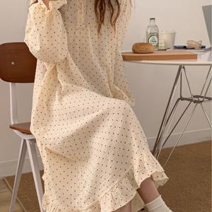 TEMU 스위트 베이지 폴카 도트 러플 긴팔 잠옷 | 루즈핏 귀여운 캐주얼 봄 가을 & 에어컨 방 라운지웨어, 레터스 트림 및 크루넥
