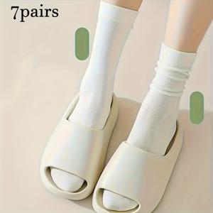 TEMU 여성용 미드 카프 양말 7켤레 - 봄/여름용 부드럽고 통기성 좋은 소재, 클래식 단색 (블랙/화이트) - 요가, 헬스, 야외 활동 및 캐주얼용으로 적합, 간편한 디자인, 편안한 소재