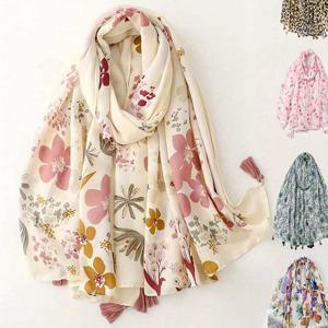 TEMU 우아한 플로럴 패턴 태슬 스카프, 신상 여성용 가벼운 바리 쉬폰 숄 장식용 비치 타월