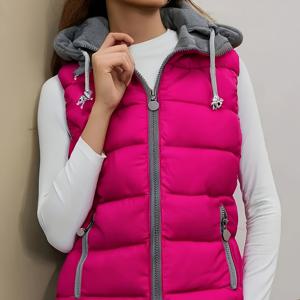 TEMU 패셔너블 후드 조끼, 여성용 짧고 슬림핏, 가을/겨울용 두꺼운 재질, 드로스트링 포켓 및 탈착식 후드 특징