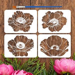 TEMU 4개의 옥수수 장미 드로잉 템플릿 | 11.7 x 8.3인치 단일 옥수수 장미 꽃 피는 드로잉 템플릿 재사용 가능한 야생화 식물 장식 템플릿 (브러시 포함), 벽, 나무, 패브릭, 홈 프로젝트용