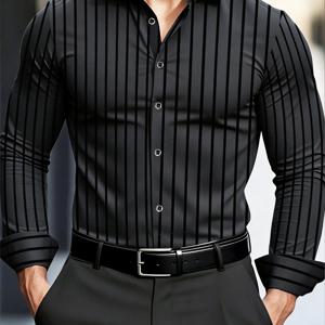 TEMU 남성용 슬림핏 긴팔 셔츠 - 폴리에스테르, 세탁기 사용 가능, 봄/가을용 비즈니스 캐주얼 스타일, 1856 프린트, 육각 칼라