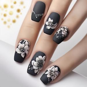 TEMU 24개입 매트 프레스온 네일 - 블랙 화이트 플로럴 디자인, 화이트 플라워 패턴, 셀프 접착식 여성용 인조네일, 접착제 필요 없는 우아한 네일 세트