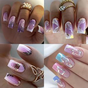 TEMU 96개 세트 숏 프레스온 네일 4개 세트 미디엄 컬러풀 옴브레 네일 웨어러블 페이크 네일 스퀘어 네일 스위트 쿨 인스타일 페이크 네일 화이트 프렌치 골든 핑크 리프 옴브레 컬러 그라데이션 옴브레 네일 아트 프레스온 네일 여성용 파티 웨어러블 네일