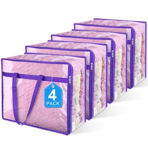 TEMU 의류용 투명 지퍼 수납 가방 4개 세트, 40L 옷장 정리함 및 수납 용기, 침구, 담요, 이불, 의류 및 장난감용 비닐 이사용 가방, 침대 밑 수납함