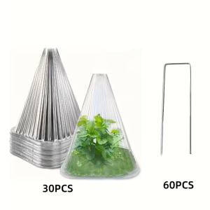 TEMU 90개 세트 포함: (보호 커버 30개 + 지면 스테이크 60개) 두꺼운 대형 재사용 투명 플라스틱 식물 보호 콘/수직 홈 디자인, 빛과 지지, 서리, 새, 달팽이 보호에 적합, 통기성 메쉬 정원 커버, 묘목 및 식물용, 내구성 있는 야외 식물 서리 보호 커버