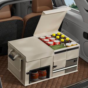 TEMU 차량용 신발수납함 깔끔이 트렁크 정리함 접이식 트렁크 정리함 차량용 다기능 캠핑 보관함 뚜껑 포함, 대용량 다중 칸 수납함, SUV용, 차량 화물 정리용 메쉬 포켓이 있는 원단 소재