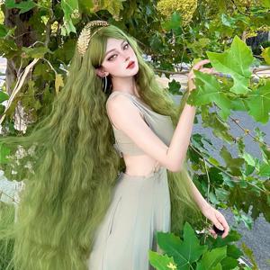 TEMU 40인치 여성용 가발, 앞머리, 그린, 울트라 롱 워터 웨이브 컬, 유럽 및 미국 스타일, , 코스프레, 파티, 풀 헤드 가발로 유니크