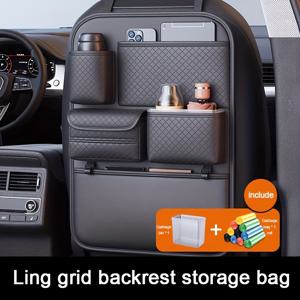 TEMU 자동차 시트 뒷좌석 수납 가방 다기능 정리함 의자등받이 물컵홀더 티슈박스 휴지통 고리 휴대폰 태블릿 수납백 의자등받이 발차기 방지 매트 6 in 1 정리 가방 패셔너블 고급 PU 가죽 자동차 인테리어 액세서리 수납품