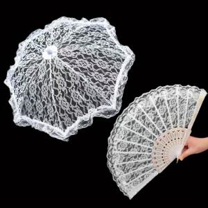 TEMU 라이스 우산, 플라스틱 레이스 꽃 팬, 무대 공연을 위한 정교한 우산, 장식용 우산 및 팬 사진 촬영 소품 세트가 포함된 신부용 투피스 웨딩 세트