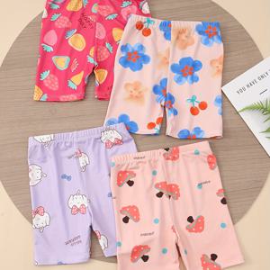 TEMU 여아 레깅스 4종 세트, 여름용 중간 사이즈 및 큰 여아, 귀여운 리본, 코끼리, 과일, 플로럴 타이 다이 프린트, 산뜻한 스타일, 5부 바지, 슬림핏, 탄성 바지, 야외 여아 스포츠 바지, 노출 방지 여아 의상, 4-12세 적합