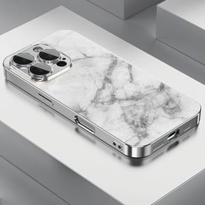 TEMU 휴대폰 케이스 - 아이폰16Promax 폰 케이스 16PRO/16/15PROMAX/15PLUS/15/14PROMAX/14PRO/14/13/12/11/X/XR/XSMAX 신형 모델용 회색 및 흰색 마블 패턴, 낙하 방지, 유리 케이스, 전기 도금 은색 엣지, 풀 커버리지, , 비즈니스