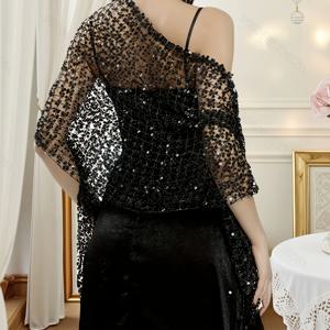 TEMU 플러스 사이즈, 럭셔리 핸드메이드 시퀸 패치워크 연회 이브닝 파티 화려한 드레스 숄 우아한 스톨