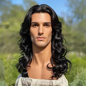 TEMU 남성용 블랙 루즈 컬리 가발 - 내열 합성 섬유, 얽히지 않는 가벼운 통기성 웨이브 코스프레용, 캐릭터 파티 및 특별한 날을 위한 헤어위그, 자연스러운 룩의 헤어피스