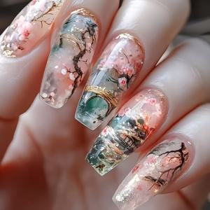 TEMU 강남의 시적인 봄 풍경에서 영감을 받은 중간 길이의 네일 30개로 구성된 민족 스타일. 작은 다리와 흐르는 물의 매력적인 디자인으로, 패셔너블하고 우아한 룩에 완벽합니다.