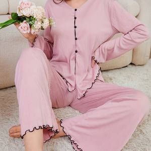 TEMU 여름/가을 여성용 편안한 파자마 컬러 매칭 반투명 홈웨어 와이드 레그 가디건 긴소매 긴바지 2피스 캐주얼 파자마 세트