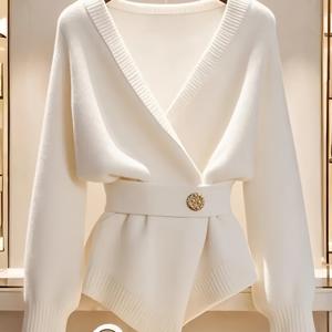 TEMU 여성용 화이트 브이넥 스웨터, 조절식 벨트 및 골든 버클 포함 - 부드러운 중간 신축성 오픈 프론트 가디건, 레이어드 가을 겨울 블ouses, 캐주얼 의상, 주말 옷에 적합, 손세탁 가능한 풀오버