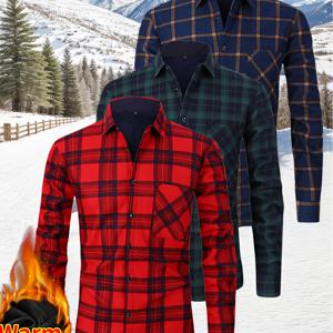 TEMU 2025 남성용 플란넬 체크 셔츠, 가을/겨울용 두꺼운 보온성, 신축성 좋고 편안한 캐주얼 긴소매, 주름 방지 및 간편한 관리, 트렌디한 레트로 체크, 야외 방풍, 다용도 루즈핏, 한국 스타일 패션 탑