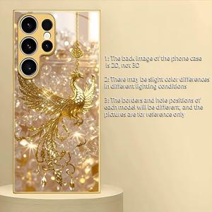 TEMU 휴대폰 케이스 - 삼성 갤럭시 S25/S25 플러스/S25 울트라/S24/S24 FE/S24 플러스/S24 울트라/S23/S23 FE/S23+/S23 울트라/S22/S22+/S22 울트라/S21/S21 FE/S21+/S21 울트라 5G에 적합한 유리 재질의 반짝이는 불사조 디자인의 스타일리시하고 우아한 휴대폰 케이스