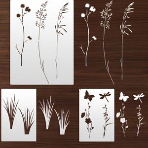 TEMU 3개 대형 재사용 스텐실 - 식물, 꽃, 풀, 나비 & 잠자리 - 벽 장식, 그림, 캔버스, DIY 공예 및 휴일 선물에 이상적, 공예용 스텐실