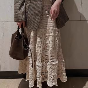 TEMU 빈티지 홀우드 코바늘 꽃 연한 탄성 허리 A라인 스커트 레이스 하이웨스트 슬림 랩 힙 롱 스커트