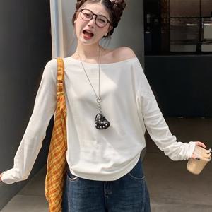 TEMU 화이트 루즈 오프숄더 원숄더 긴팔 티셔츠 여성용 베이스 레이어 탑