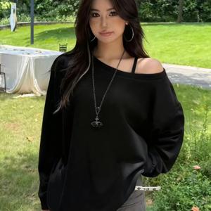 TEMU 여성용 루즈핏 단색 오프숄더 스웨트셔츠, 긴소매로 캐주얼하고 스타일리시한 가을-겨울 룩에 완벽