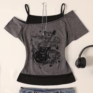 TEMU TX051920 여성용 오프숄더 투톤 그레이-블랙 볼드 레터 프린트 미디엄 스트레치 반팔 티셔츠 상의