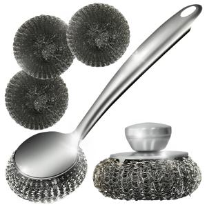 TEMU 철사 볼 식기 세척 브러쉬 세트 (손잡이 포함), 딥 클리닝용 디자인, 교체 가능한 스틸 스펀지 패드 및 스테인리스 스틸 세척 브러쉬 (손잡이 포함) 포함, 주철, 냄비, 프라이팬, 그릴의 고지방 얼룩 제거에 적합