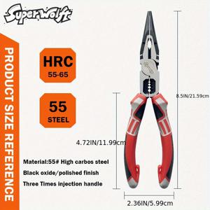 TEMU SUPERWOLFT 전문가용 헤비듀티 8인치 롱 니들 노즈 콤비네이션 플라이어, 와이어 스트리퍼, 크림퍼, 커터 & 렌치 포함 - 전기 작업, DIY, 수리용 올인원 전기 공구 - 롱 프리시전 노즈 플라이어