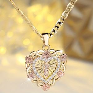 TEMU 여성용 우아한 가톨릭 목걸이 - 골드 톤 도금 펜던트, 클리어 합성 지르코니아 센터 & 클리어 비즈, 인터로킹 링크 디자인, 파티 액세서리, 세련된 스타일, 패션 애호가