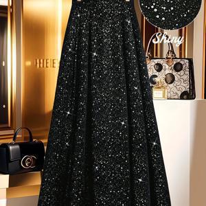 TEMU 여성 로맨틱 별빛 하늘 스팽글 스커트, 신상 가을 겨울 하이웨이스트 A라인 빅 스윙 스커트, 연회장 풍미 롱 스커트, 댄스 및 파티 등 포멀한 행사에 적합, 튼튼한 원단, 드라이 크리닝 가능