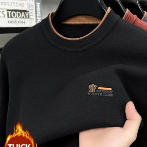 TEMU [Shule Water OBM] 가을/겨울용 경량 럭셔리 텍스처 남성용 플리스 라운드넥 니트 스웨터. 이 섬세하고 피부 친화적인 따뜻한 상의는 정교한 자수로 맛을 보여줍니다.