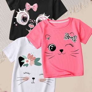 TEMU 귀여운 고양이 얼굴 티셔츠 3pcs - 여름용 반팔 라운드넥 블라우스, 발바닥 & 수염 프린트, 귀여운 고양이 디자인 (생일 파티 의상, 봄/여름 캐주얼 웨어) - 3pcs 세트