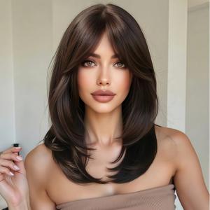 TEMU 여성용 18인치 블랙 & 브라운 레이어드 뱅스 가발 - 코스프레, 파티, 웨딩, 댄스에 적합한 내구성 강한 합성모발 - 카니발, 성 패트릭 데이, 개학, 데이 코스튬용 쉬운 관리 레이어드 뱅스 가발