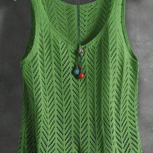 TEMU 패셔너블 트렌디 그린 할로우 여성용 V넥 캐주얼 조끼 | 단색, 할로우 패턴, 레귤러 핏, 봄/여름/가을에 적합