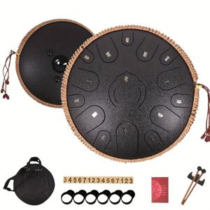TEMU 14인치 15톤 D키 스틸 텅 드럼 - 휴대용 케이스, 음악 책, 말렛 및 액세서리가 포함된 핸드팬 타악기 - 초보자, 요가, 명상 및 콘서트에 완벽함