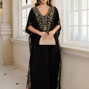 TEMU EDOLYNSA V넥 자수 배트윙 슬리브 여성용 우아한 롱 드레스, 캐주얼하고 편안한 바캉스 카프탄 커버업, 비치 수영복 커버업 드레스 Q1782