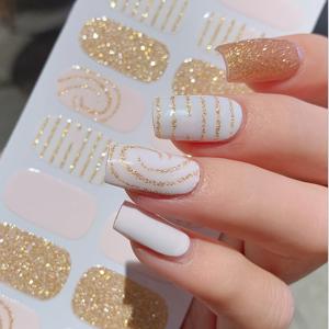 TEMU 풀랩 네일 스티커 16pcs 골든 클래식 스타일 프린트 글리터 셀프 접착 DIY 아트 데칼 스트립 + 네일 파일 1개 세트, 네일 데코